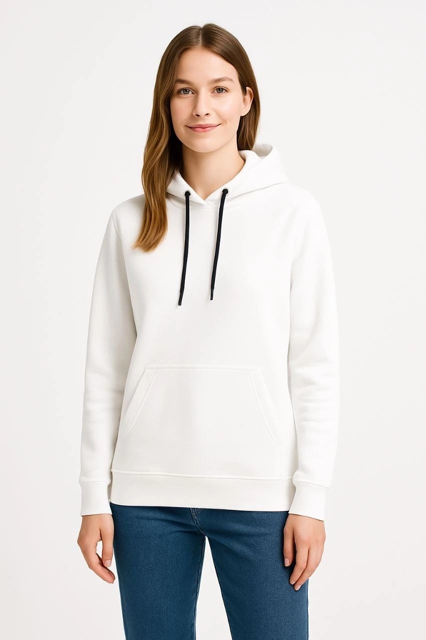 Tarz Yeri Kadın Kapüşonlu Kanguru Cepli 3 Iplik Pamuklu Oversize Hoodie Sweatshirt - Beyaz görsel 5