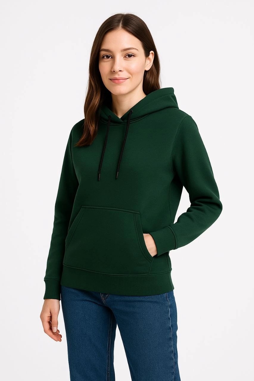 Tarz Yeri Kadın 3 Iplik Pamuklu Kapüşonlu Kanguru Cepli Sweatshirt Hoodie - Haki