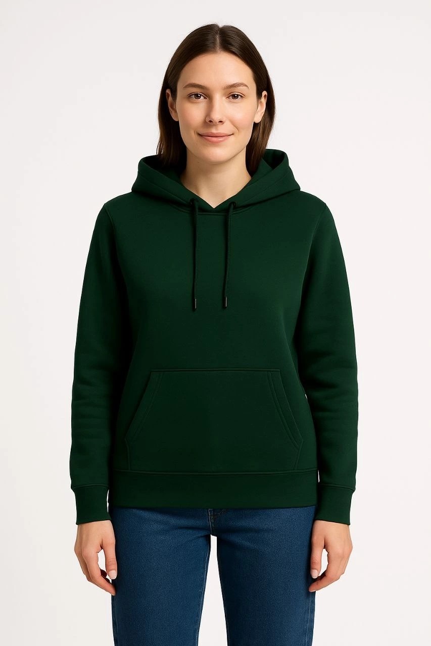 Tarz Yeri Kadın 3 Iplik Pamuklu Kapüşonlu Kanguru Cepli Sweatshirt Hoodie - Haki görsel 3