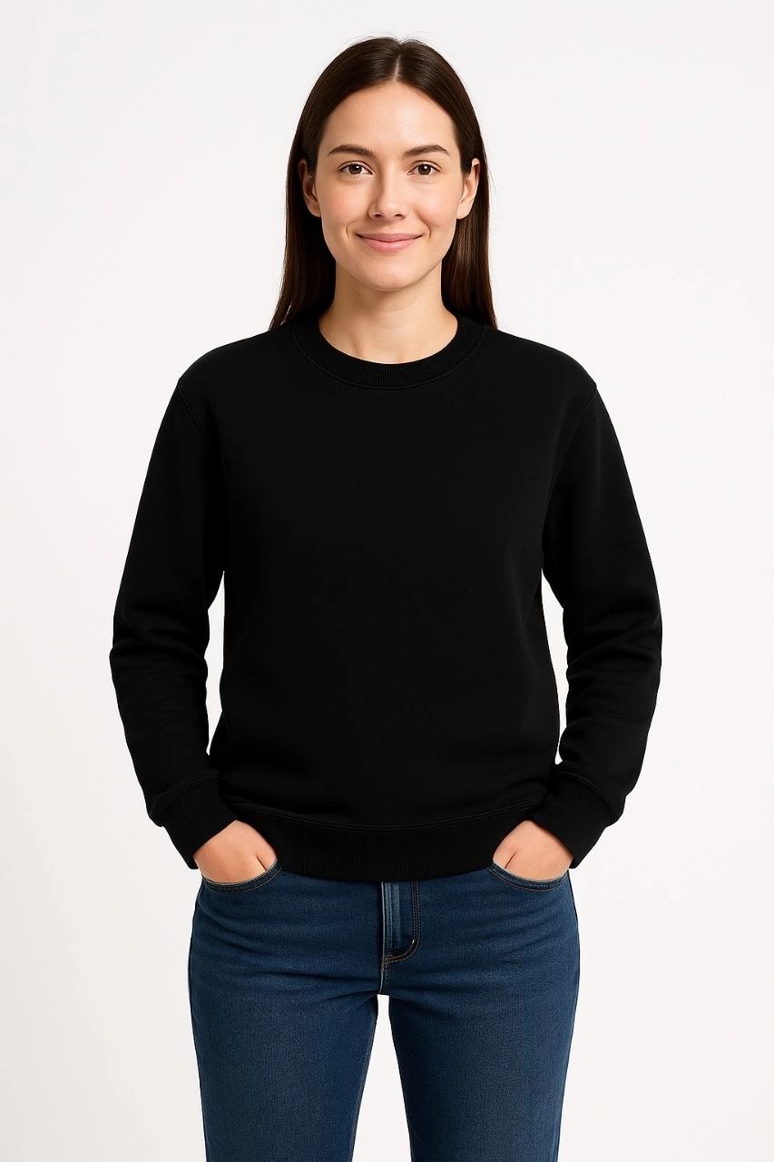 Tarz Yeri Kadın 3 Iplik Pamuklu Düz Bisiklet Yaka Sweatshirt - Siyah görsel 2