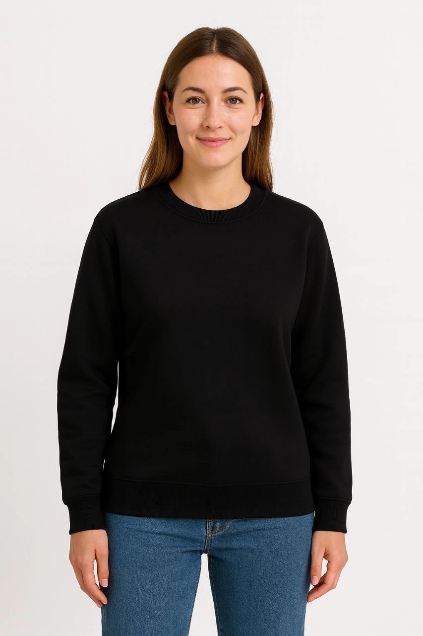 Tarz Yeri Kadın 3 Iplik Pamuklu Düz Bisiklet Yaka Sweatshirt - Siyah görsel 3