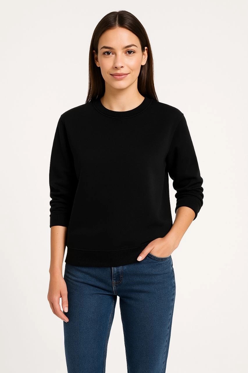 Tarz Yeri Kadın 3 Iplik Pamuklu Düz Bisiklet Yaka Sweatshirt - Siyah görsel 5