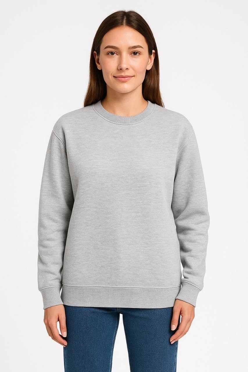 Tarz Yeri Kadın 3 Iplik Pamuklu Düz Bisiklet Yaka Sweatshirt - Gri görsel 2