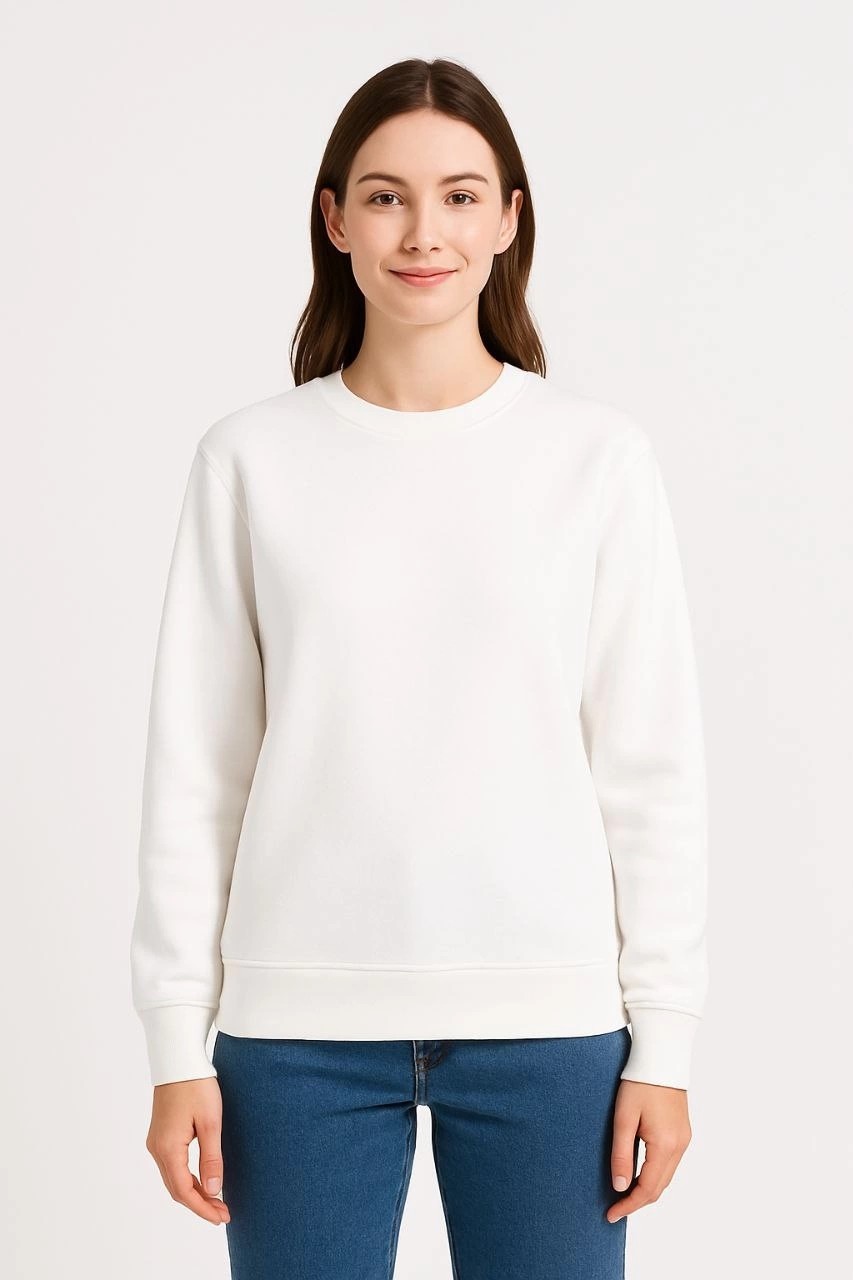 Tarz Yeri Kadın 3 Iplik Pamuklu Düz Bisiklet Yaka Sweatshirt - Beyaz görsel 2