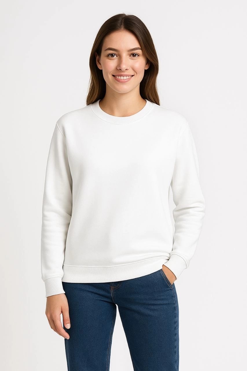 Tarz Yeri Kadın 3 Iplik Pamuklu Düz Bisiklet Yaka Sweatshirt - Beyaz görsel 3