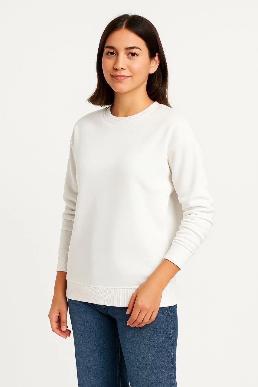 Tarz Yeri Kadın 3 Iplik Pamuklu Düz Bisiklet Yaka Sweatshirt - Beyaz görsel 4