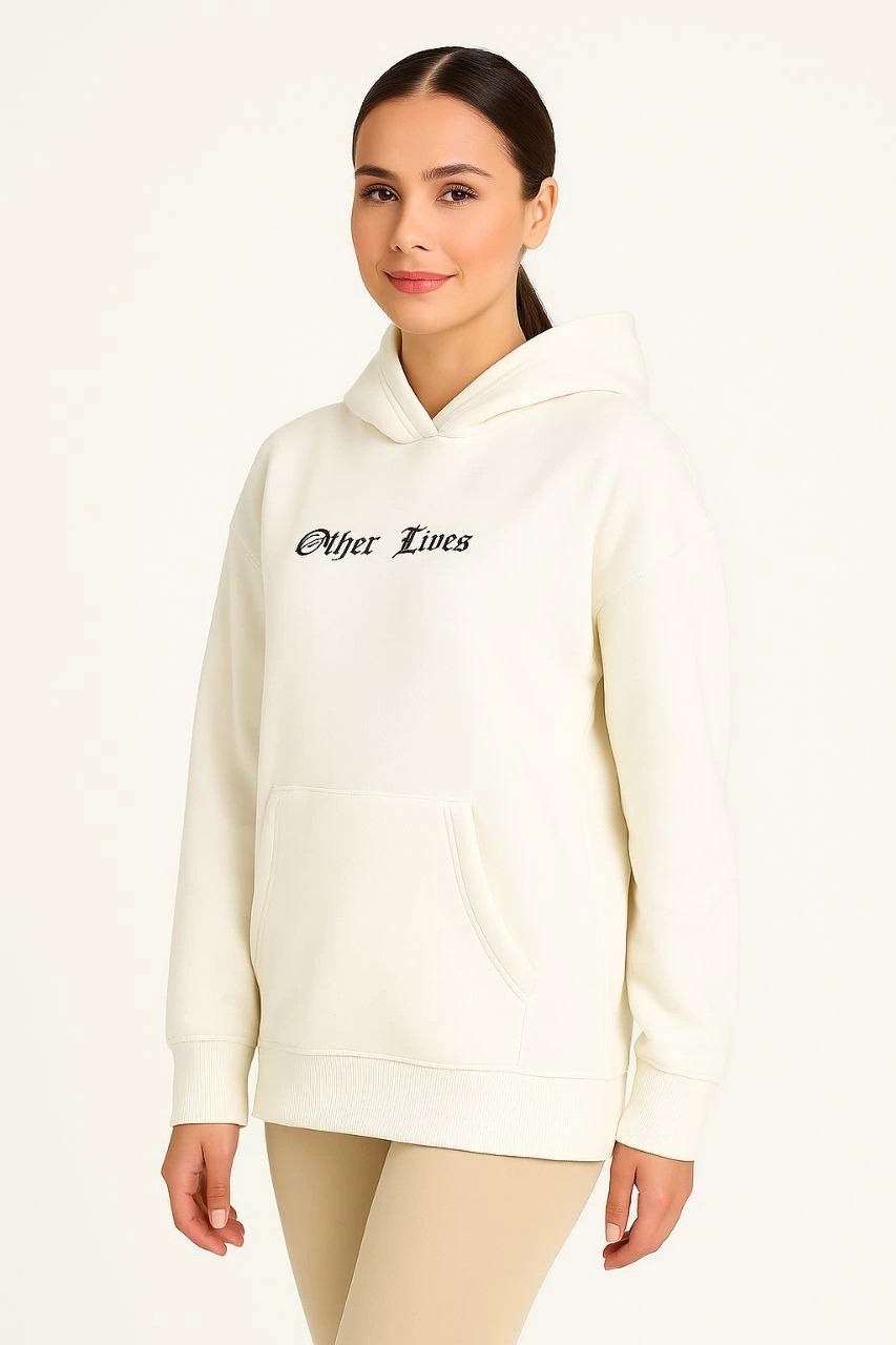 Tarz Yeri Kadın Kapüşonlu Kanguru Cepli Sweatshirt 3 Iplik Pamuklu Baskılı Hoodie - Beyaz görsel 2