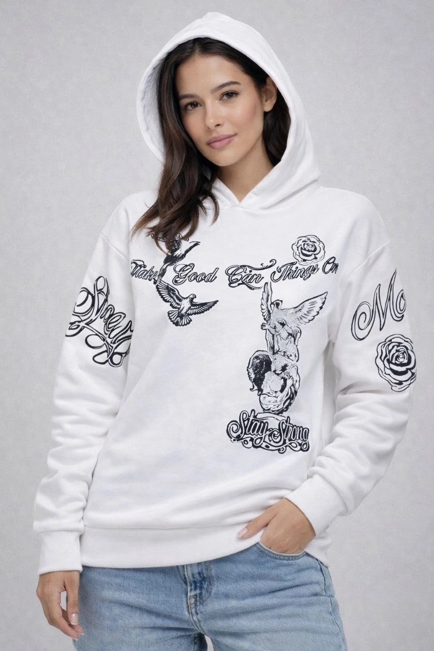 Tarz Yeri Kadın 3 Iplik Pamuklu Kapüşonlu Baskılı Sweatshirt Hoodie - Beyaz