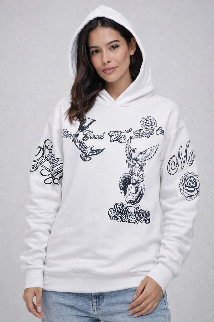 Tarz Yeri Kadın 3 Iplik Pamuklu Kapüşonlu Baskılı Sweatshirt Hoodie - Beyaz görsel 3