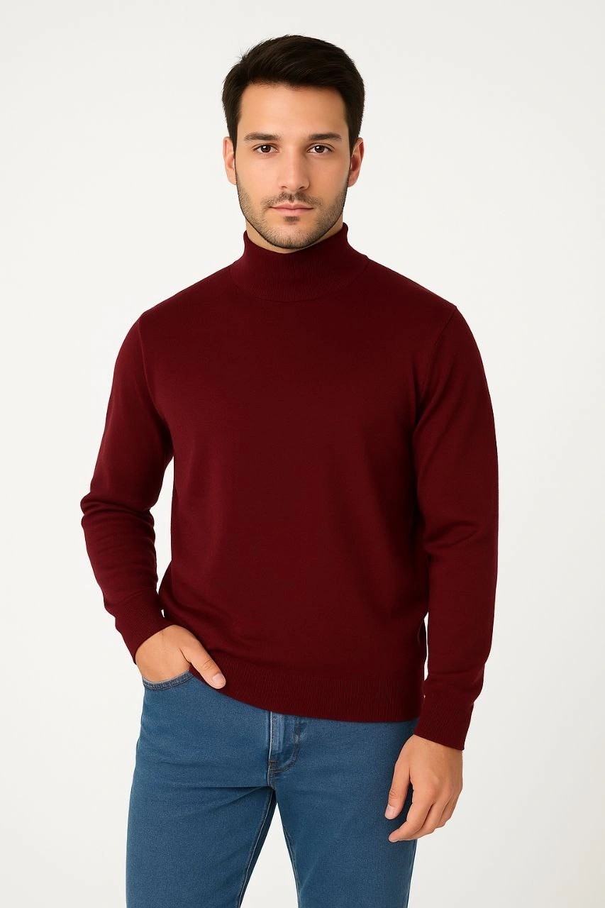 Hace Bazaar Yarım Boğaz Triko Kazak-Hat Regular Kalıp - Bordo -Hcb