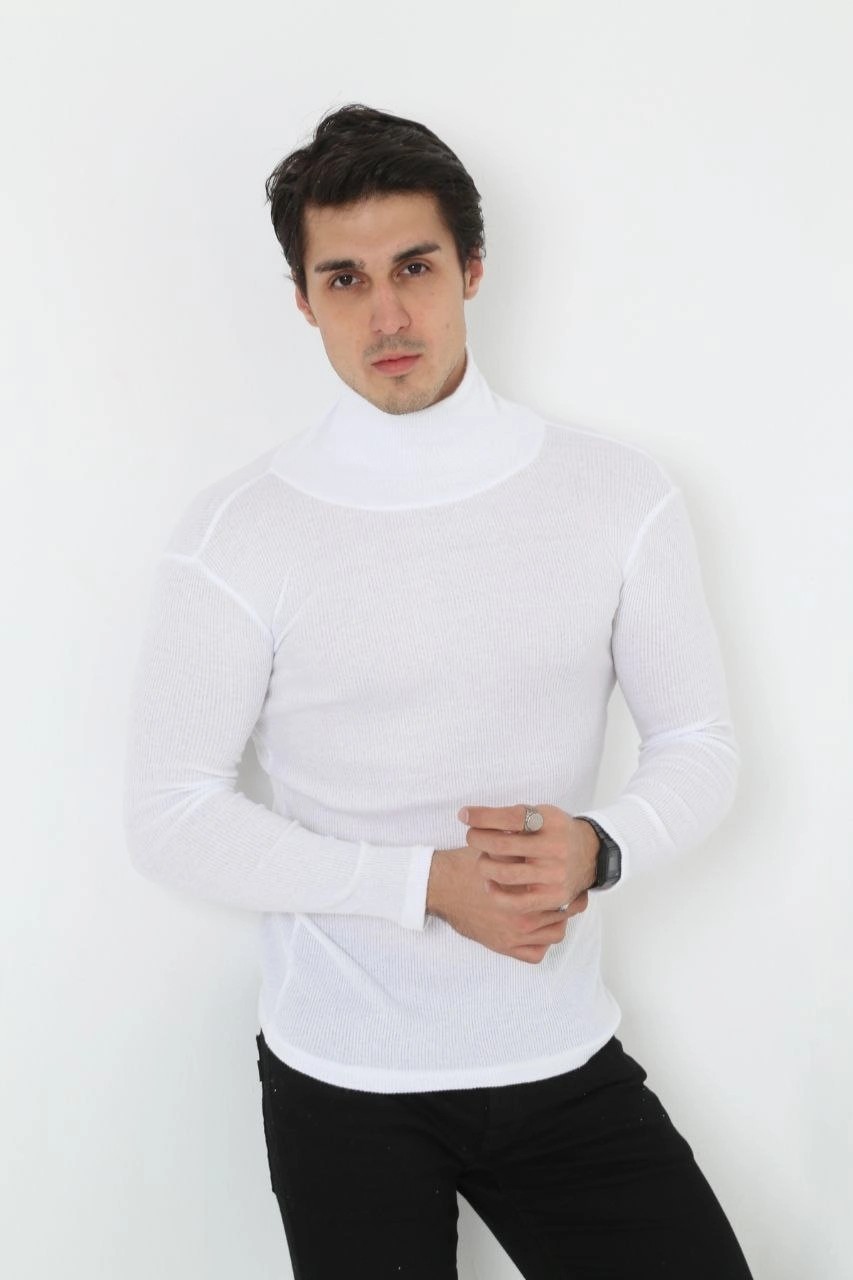 Tarz Yeri Erkek Fitilli Kaşkorse Kumaş Boğazlı Full Likralı Slimfit Body - Beyaz görsel 2