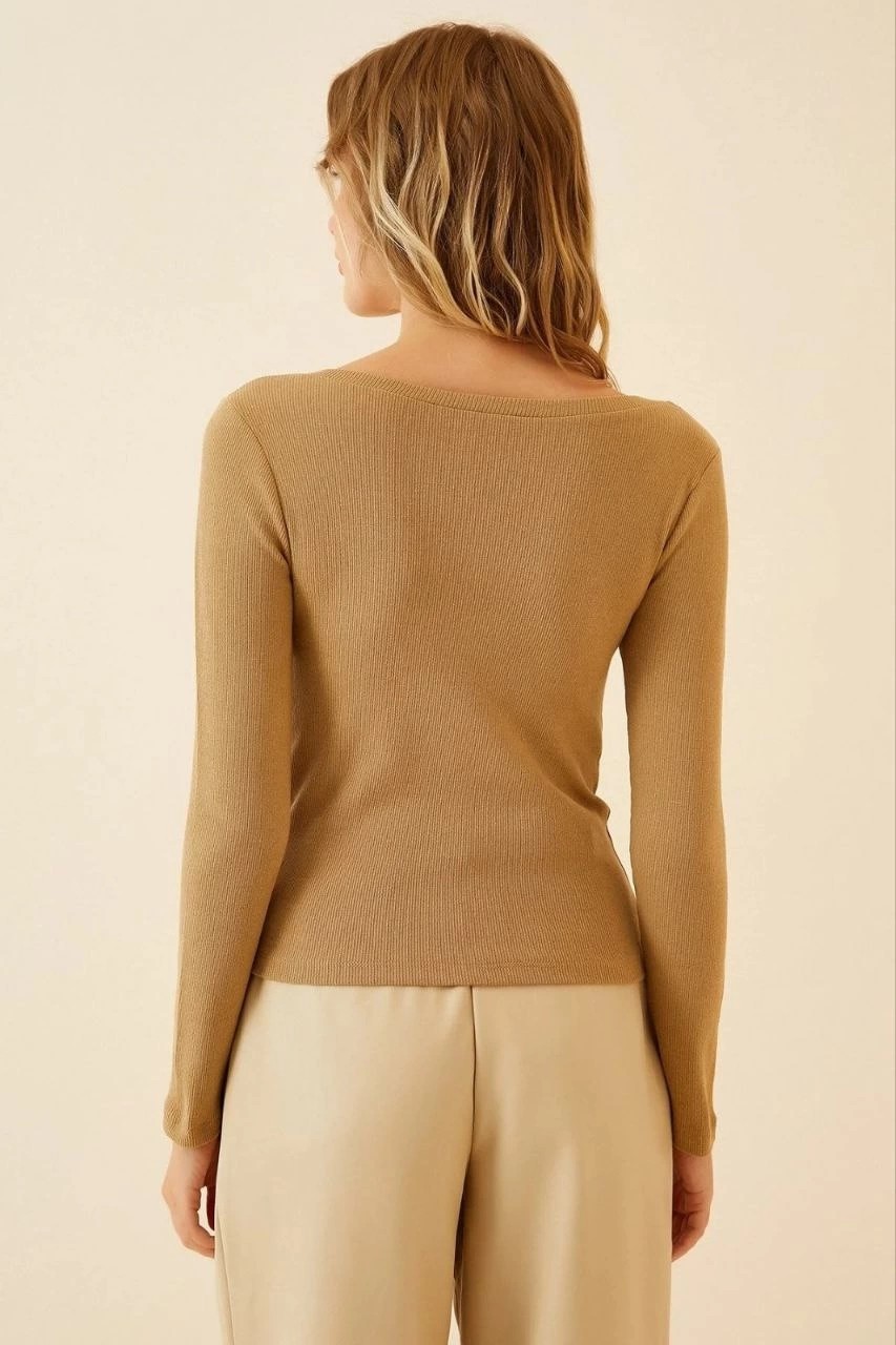 Tarz Yeri Kadın Fitilli Likralı Body Crop - Camel görsel 5