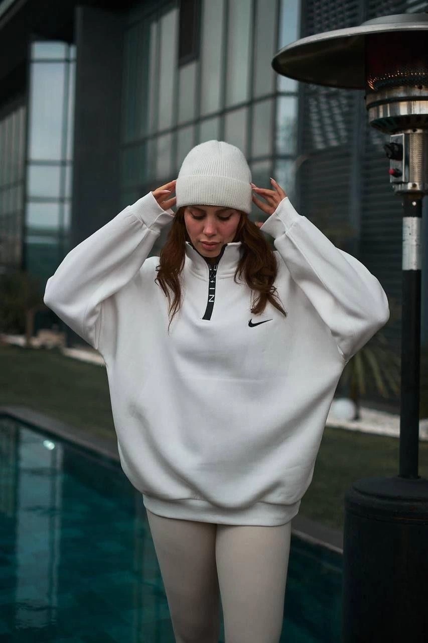 Asmedo Kadın Yarım Fermuarlı Üç Iplik Şardonlu Pamuklu Sweatshirt - Beyaz görsel 2