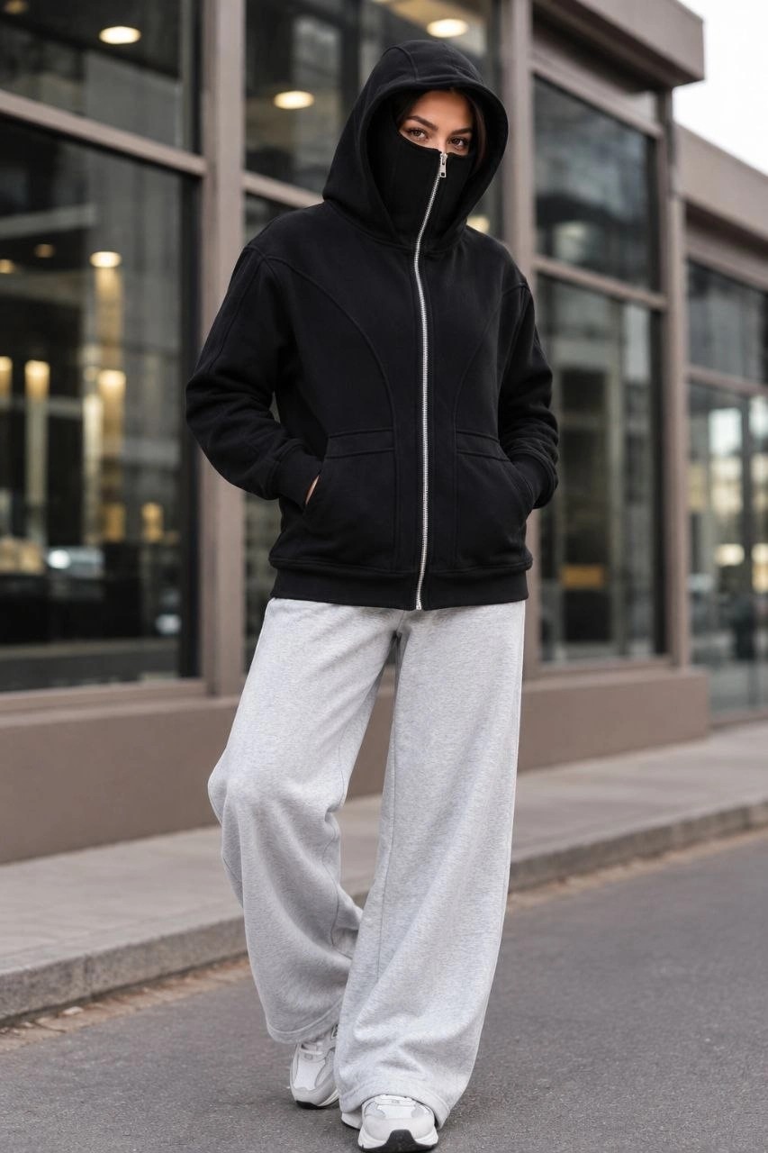 Hace Bazaar Kadın Maskeli Ninja Model Çift Kapüşonlu 3 Iplik Şardonlu Fermuarlı Oversize Sweatshirt - Siy görsel 3
