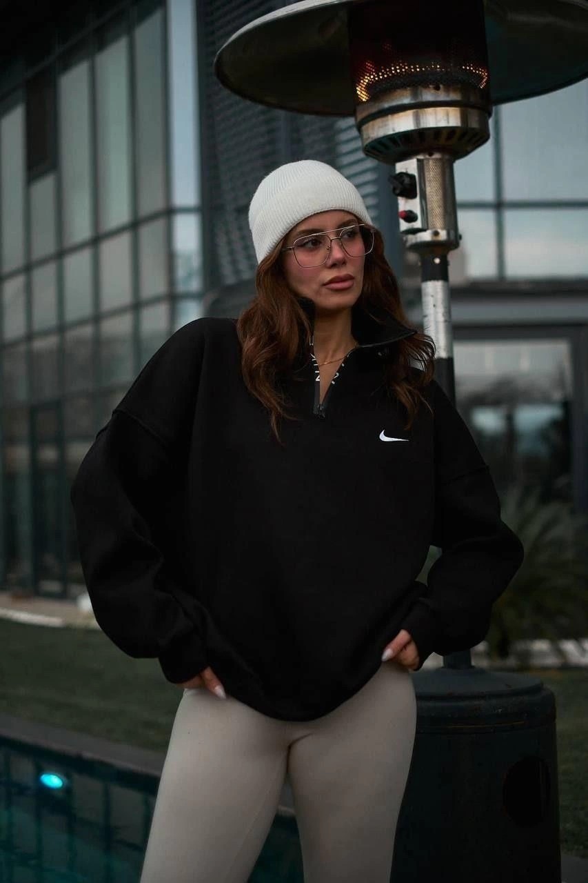 Hace Bazaar Kadın Yarım Fermuarlı Üç Iplik Şardonlu Pamuklu Sweatshirt - Siyah -Hcb