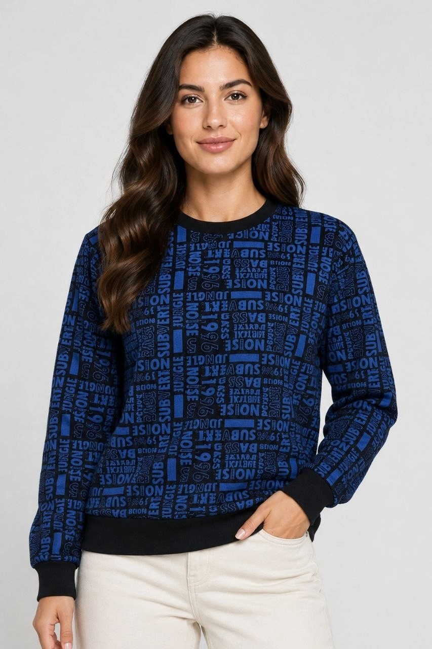 Hace Bazaar Kadın Siyah Mavi Yazı Desenli Iki Iplik Şardonlu Sweatshirt -Hcb görsel 3