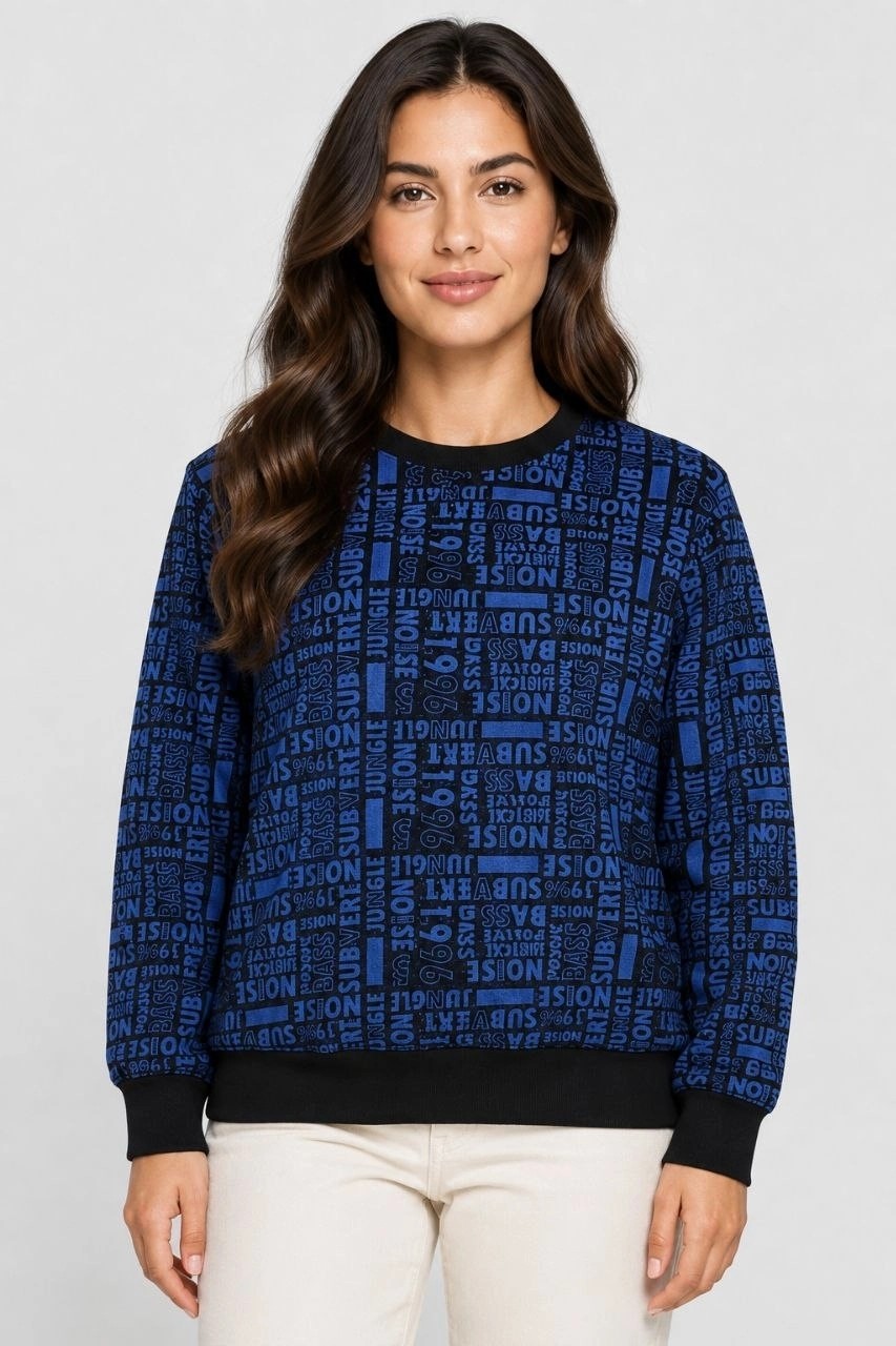 MidasTech Kadın Siyah Mavi Yazı Desenli Iki Iplik Şardonlu Sweatshirt görsel 4