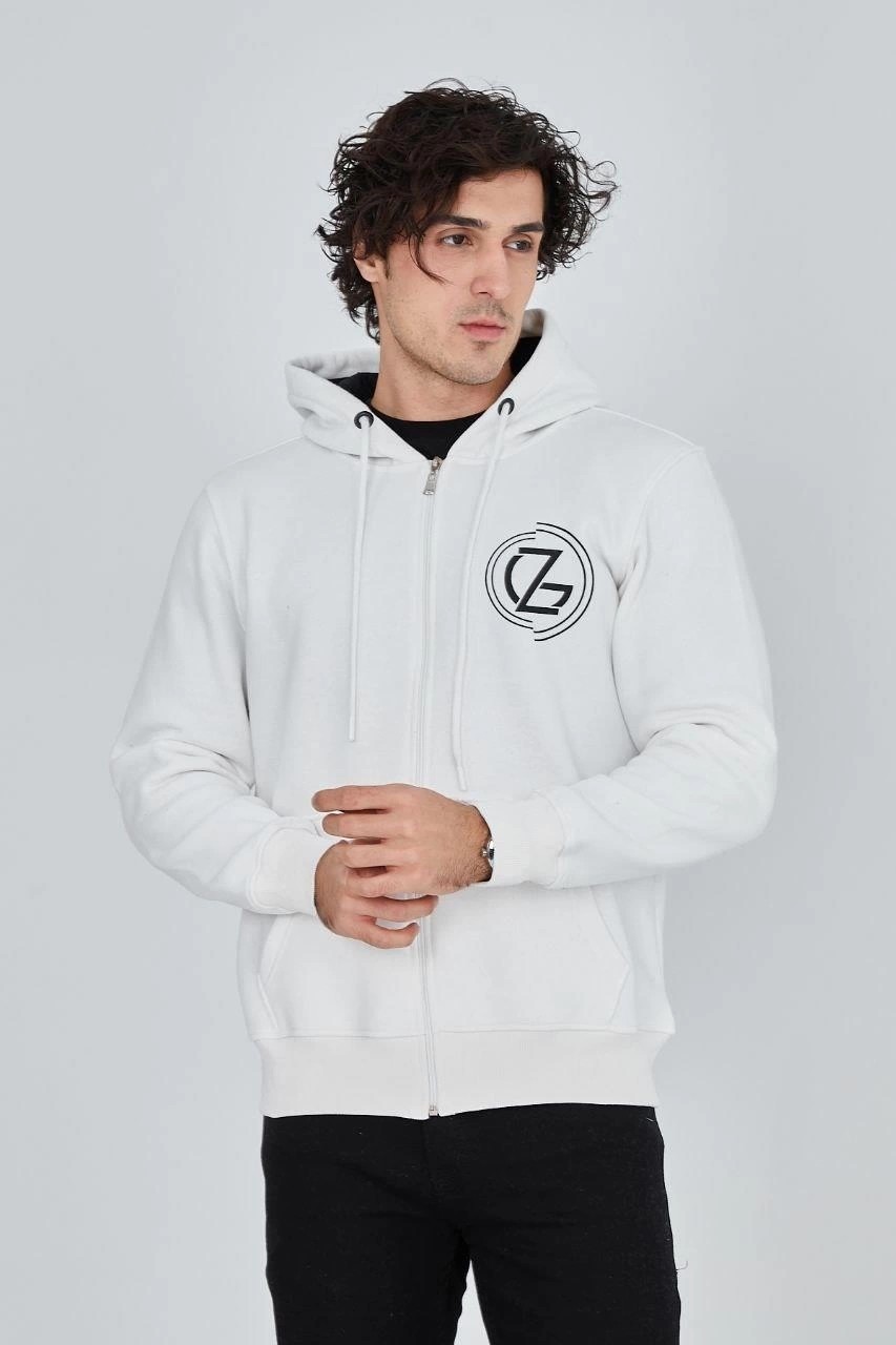 Beruflic Erkek 3 Iplik Pamuklu Fermuarlı Kapüşonlu Kanguru Cepli Baskılı Hoodie - Beyaz