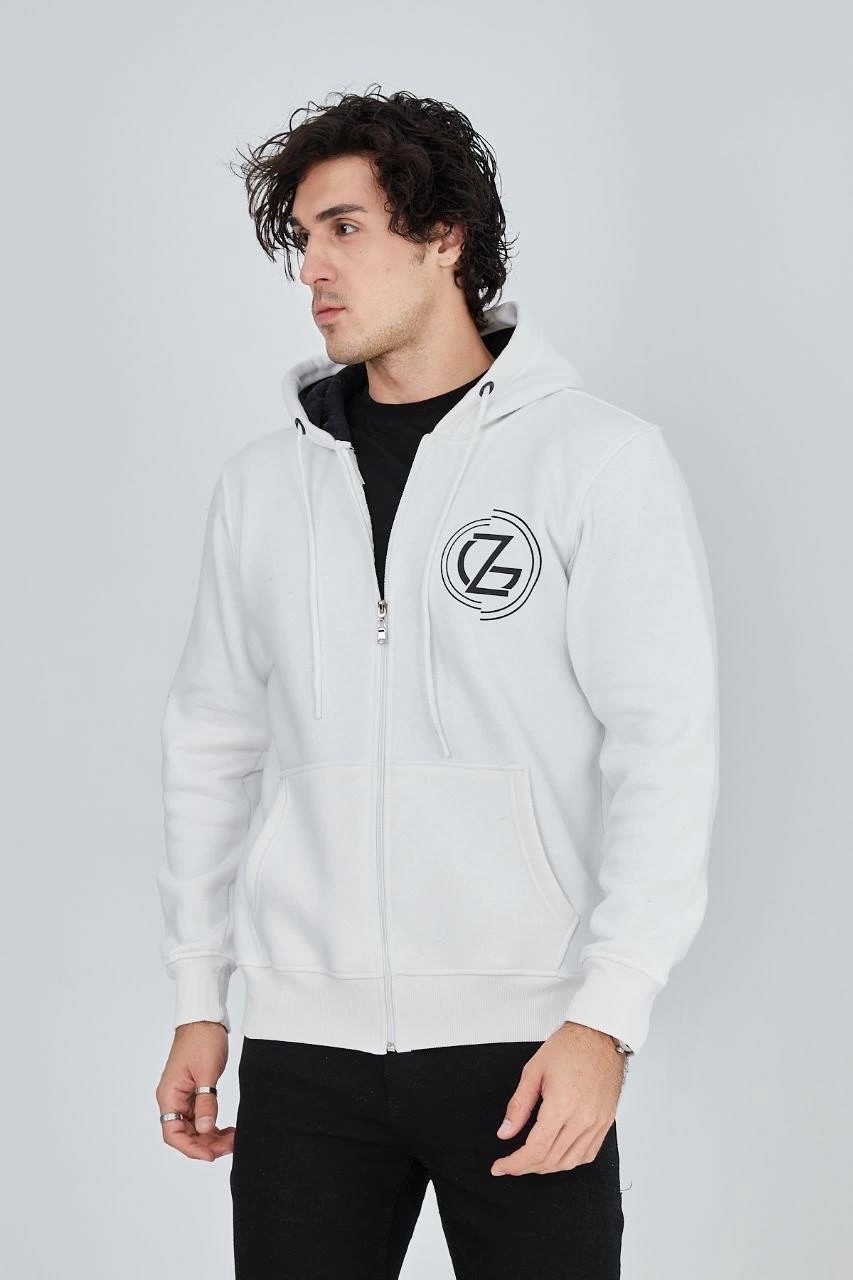 Beruflic Erkek 3 Iplik Pamuklu Fermuarlı Kapüşonlu Kanguru Cepli Baskılı Hoodie - Beyaz görsel 2