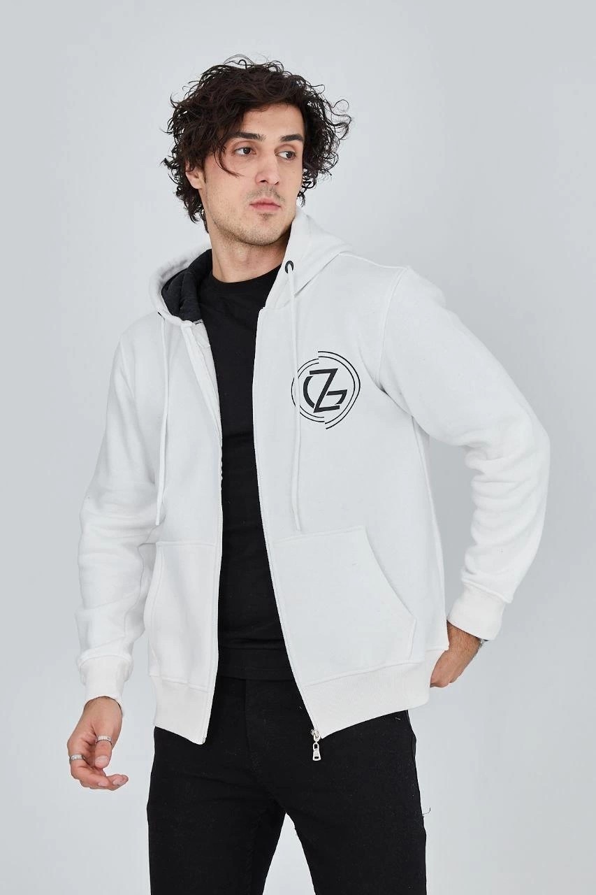 Beruflic Erkek 3 Iplik Pamuklu Fermuarlı Kapüşonlu Kanguru Cepli Baskılı Hoodie - Beyaz görsel 3
