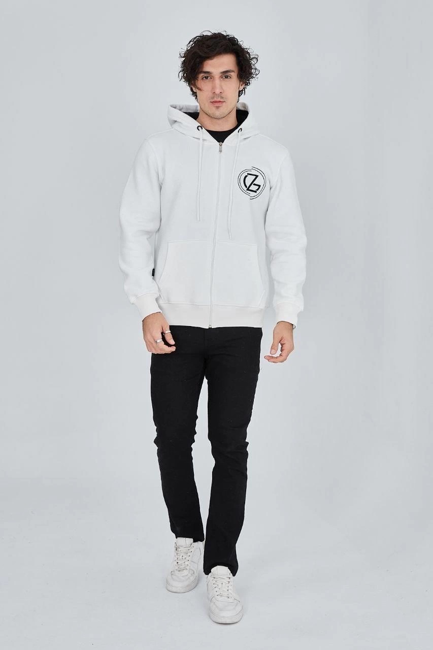 Beruflic Erkek 3 Iplik Pamuklu Fermuarlı Kapüşonlu Kanguru Cepli Baskılı Hoodie - Beyaz görsel 4