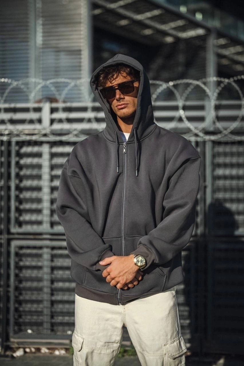 Beruflic Erkek Tam Fermuarlı Cepli Kapüşonlu 3 Iplik Pamuklu Hoodie Sweatshirt - Füme