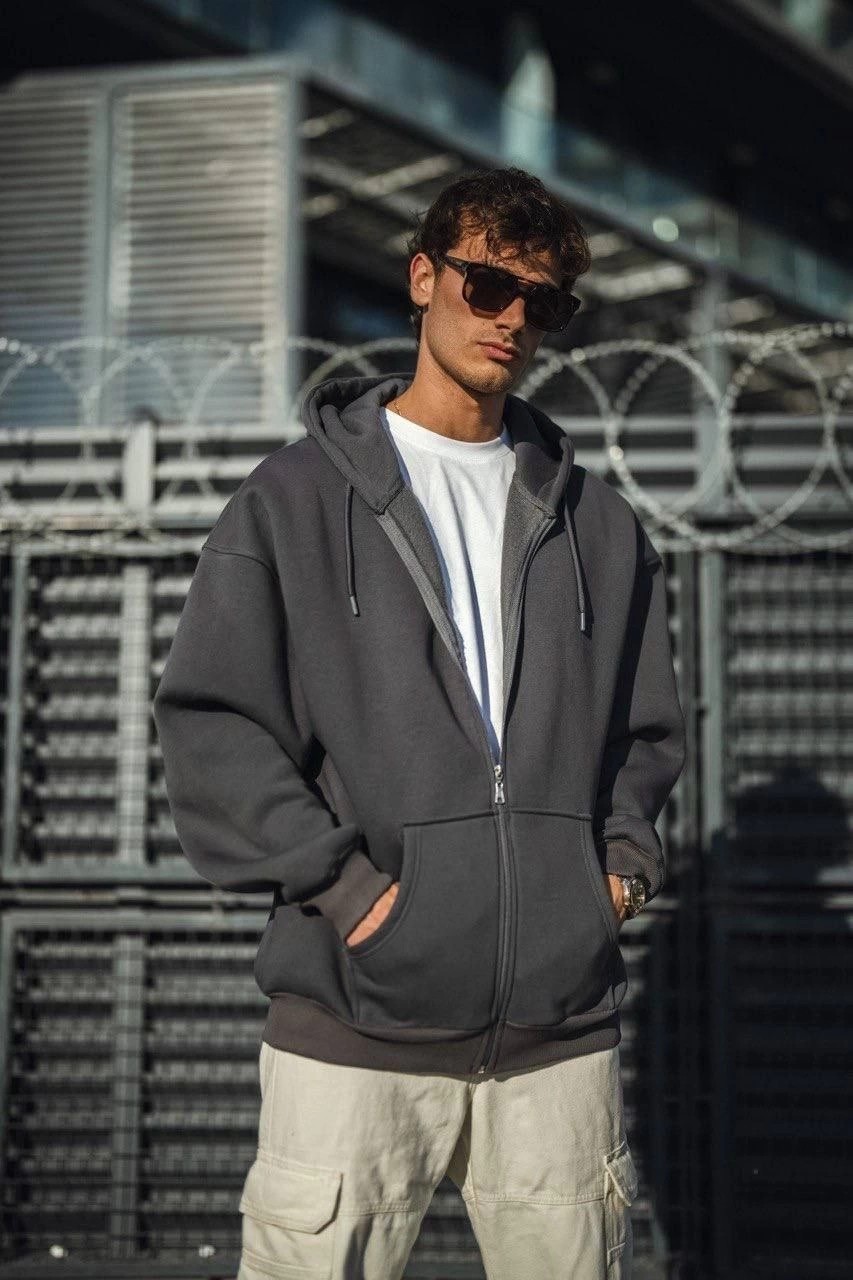 Beruflic Erkek Tam Fermuarlı Cepli Kapüşonlu 3 Iplik Pamuklu Hoodie Sweatshirt - Füme görsel 2