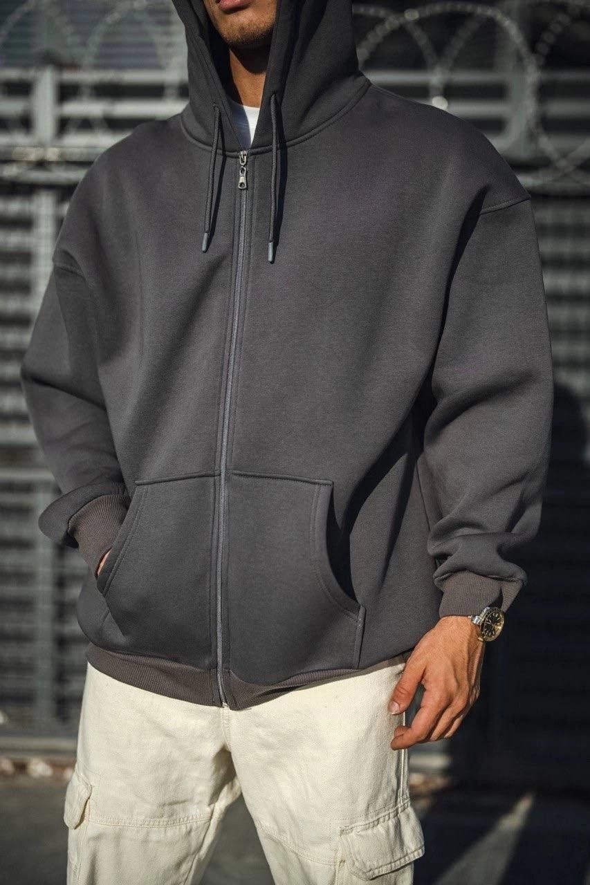 Beruflic Erkek Tam Fermuarlı Cepli Kapüşonlu 3 Iplik Pamuklu Hoodie Sweatshirt - Füme görsel 3