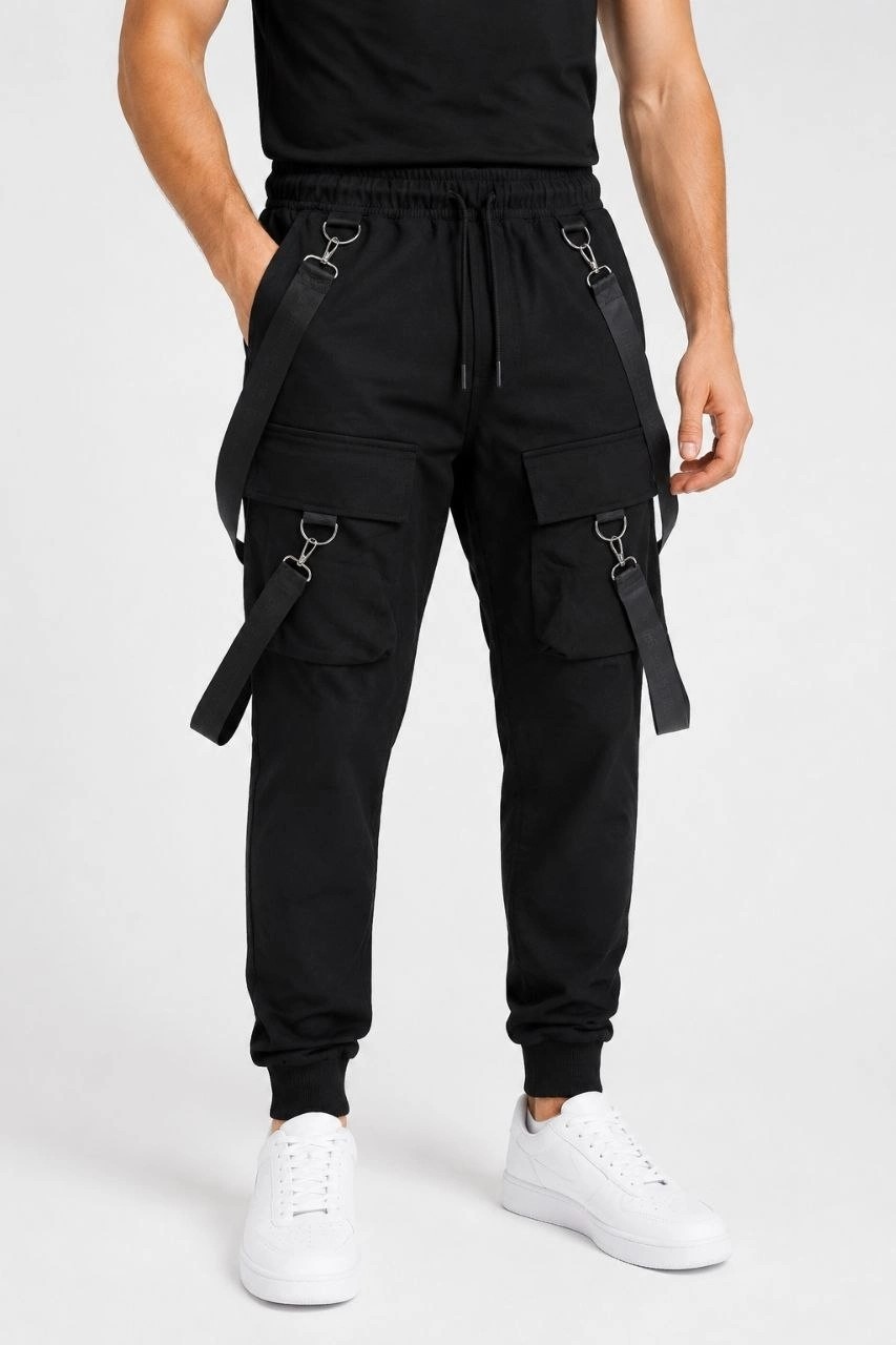 Hace Bazaar Erkek Techwear Şerit Aksesuarlı Ön Kapak Cep Detaylı Jogger Eşofman Altı - Siyah -Hcb görsel 2