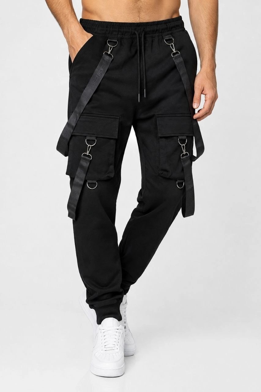 Hace Bazaar Erkek Techwear Şerit Aksesuarlı Ön Kapak Cep Detaylı Jogger Eşofman Altı - Siyah -Hcb görsel 4