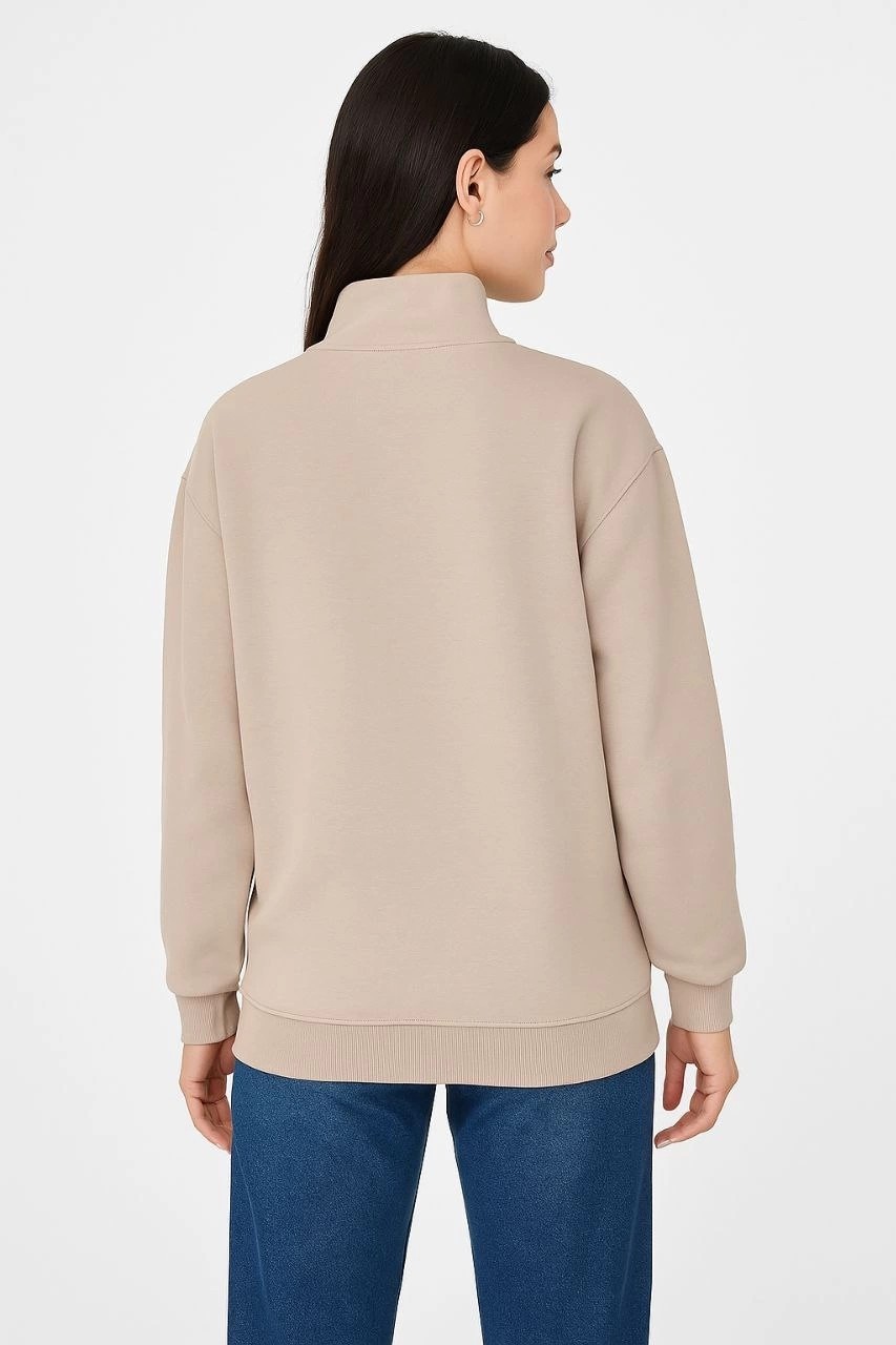 Asmedo Kadın 3 Iplik Dık Yaka Yarım Fermuarlı Sweatshirt - Bej görsel 2