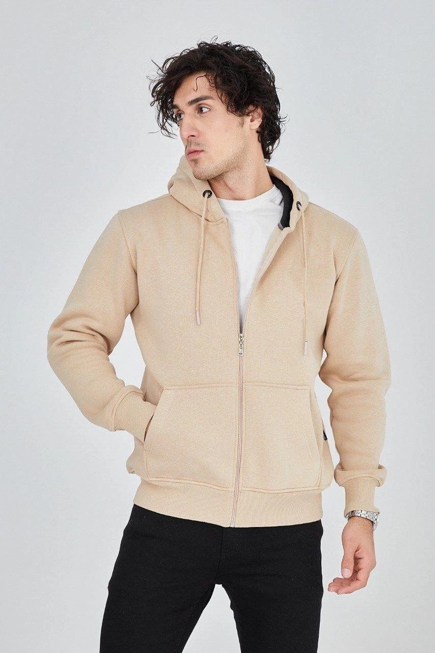 Asmedo Erkek 3 Iplik Pamuklu Fermuarlı Kapüşonlu Kanguru Cepli Hoodie Hırka Sweatshirt -Bej