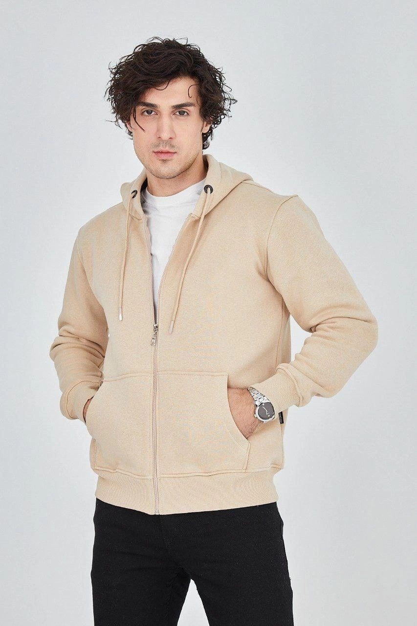 Asmedo Erkek 3 Iplik Pamuklu Fermuarlı Kapüşonlu Kanguru Cepli Hoodie Hırka Sweatshirt -Bej görsel 2