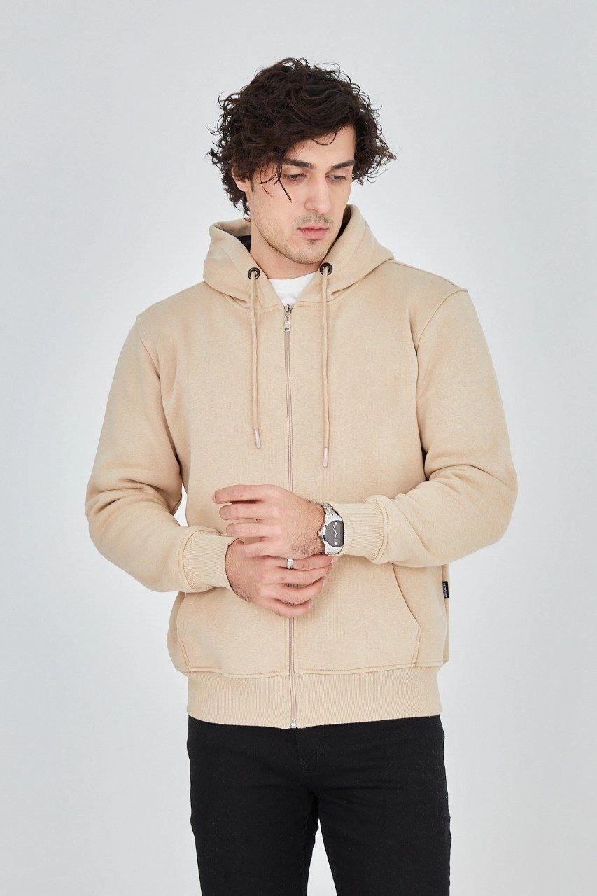 Asmedo Erkek 3 Iplik Pamuklu Fermuarlı Kapüşonlu Kanguru Cepli Hoodie Hırka Sweatshirt -Bej görsel 3