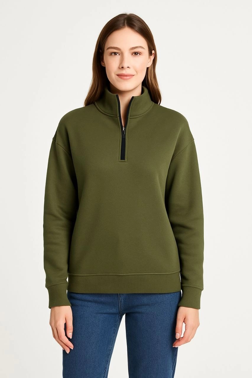 Hace Bazaar Kadın 3 Iplik Dık Yaka Yarım Fermuarlı Sweatshirt - Haki -Hcb görsel 5