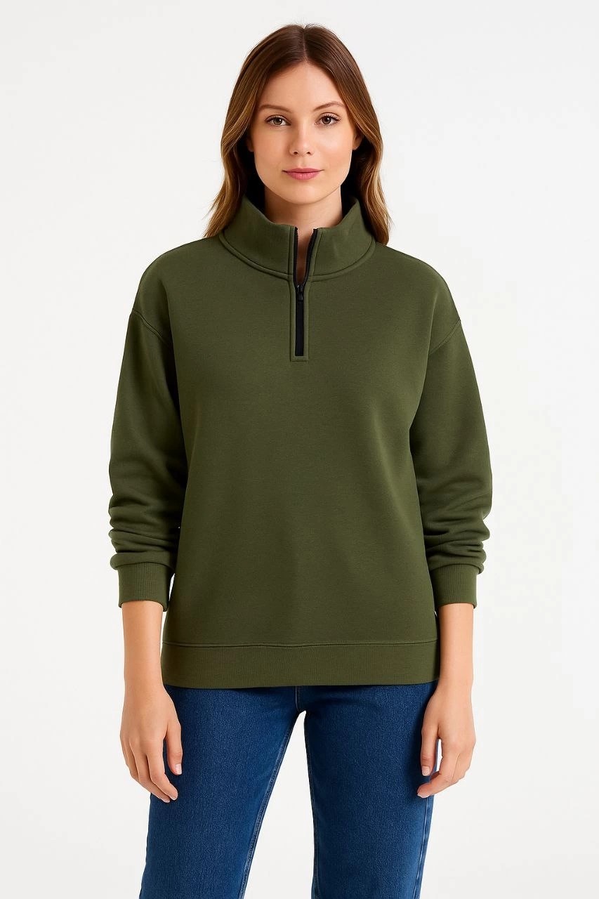 MidasTech Kadın 3 Iplik Dık Yaka Yarım Fermuarlı Sweatshirt - Haki