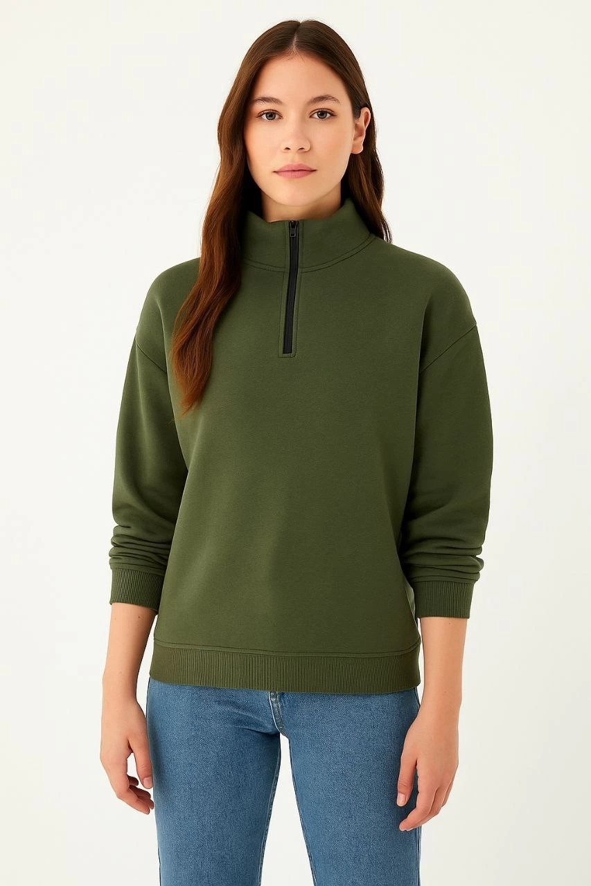 Tarz Yeri Kadın 3 Iplik Dık Yaka Yarım Fermuarlı Sweatshirt - Haki görsel 3