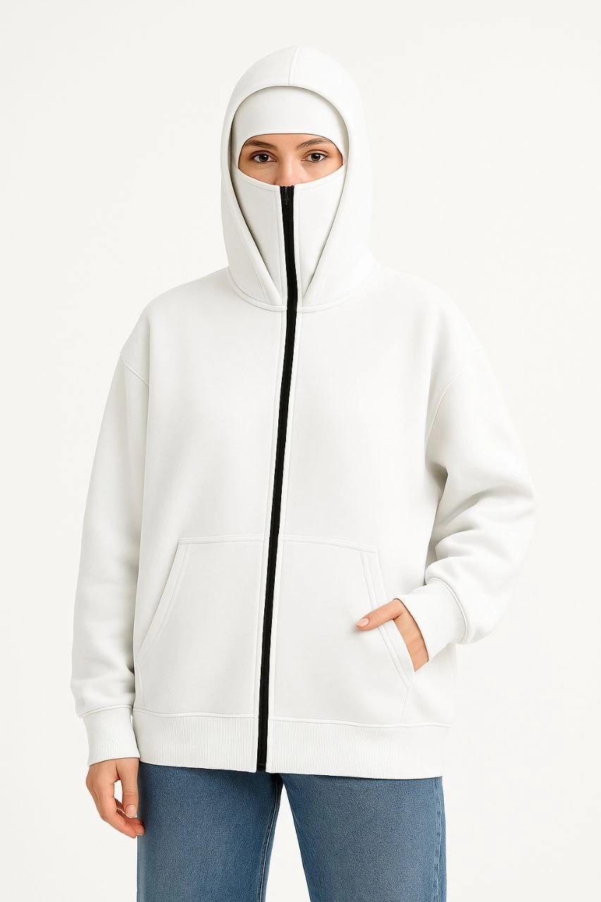 Tarz Yeri Kadın Samuray Ninja Çift Kapüşonlu Maske Detaylı 3 Iplik Hoodie - Beyaz görsel 5