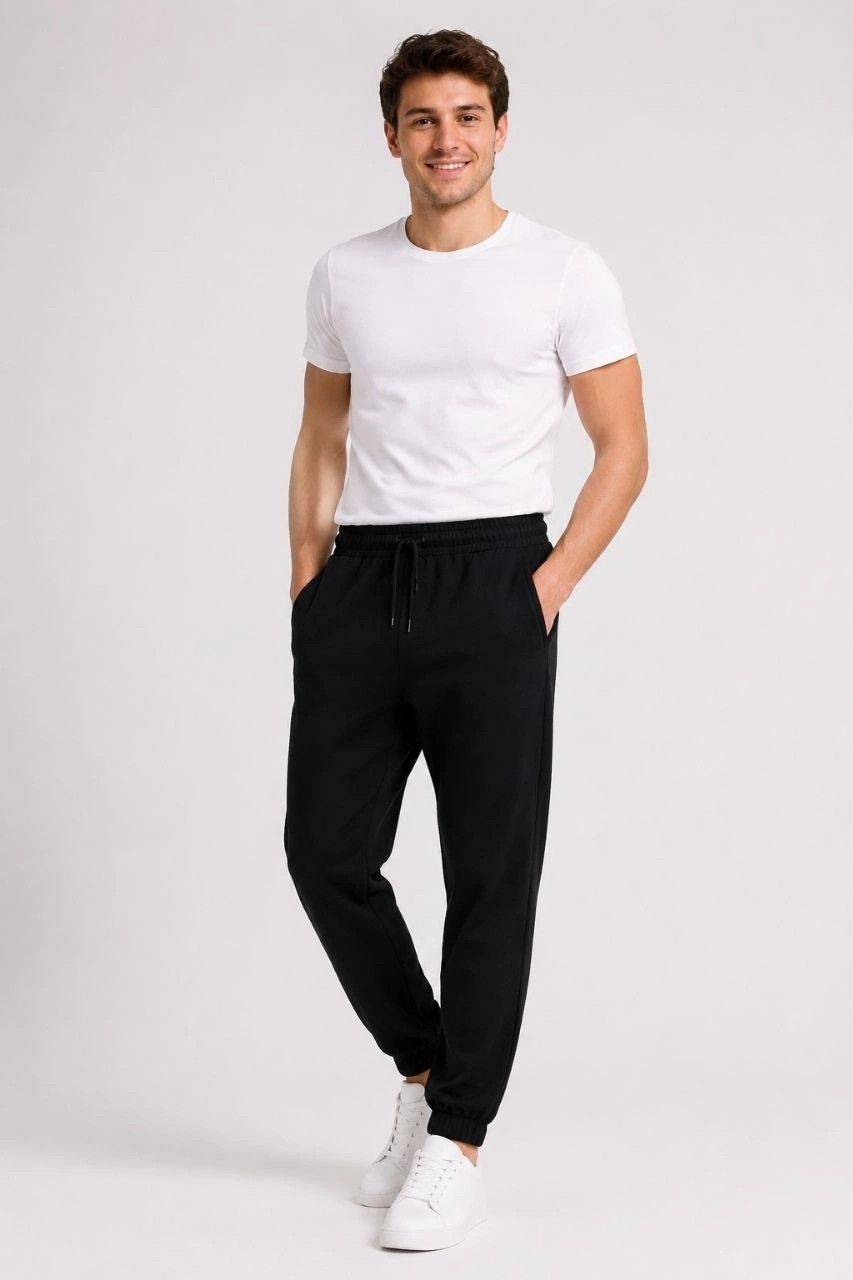 Marsilyan Erkek Iki Iplik Beli Lastikli Bağcıklı Regular Fit Jogger Eşofman Altı - Siyah