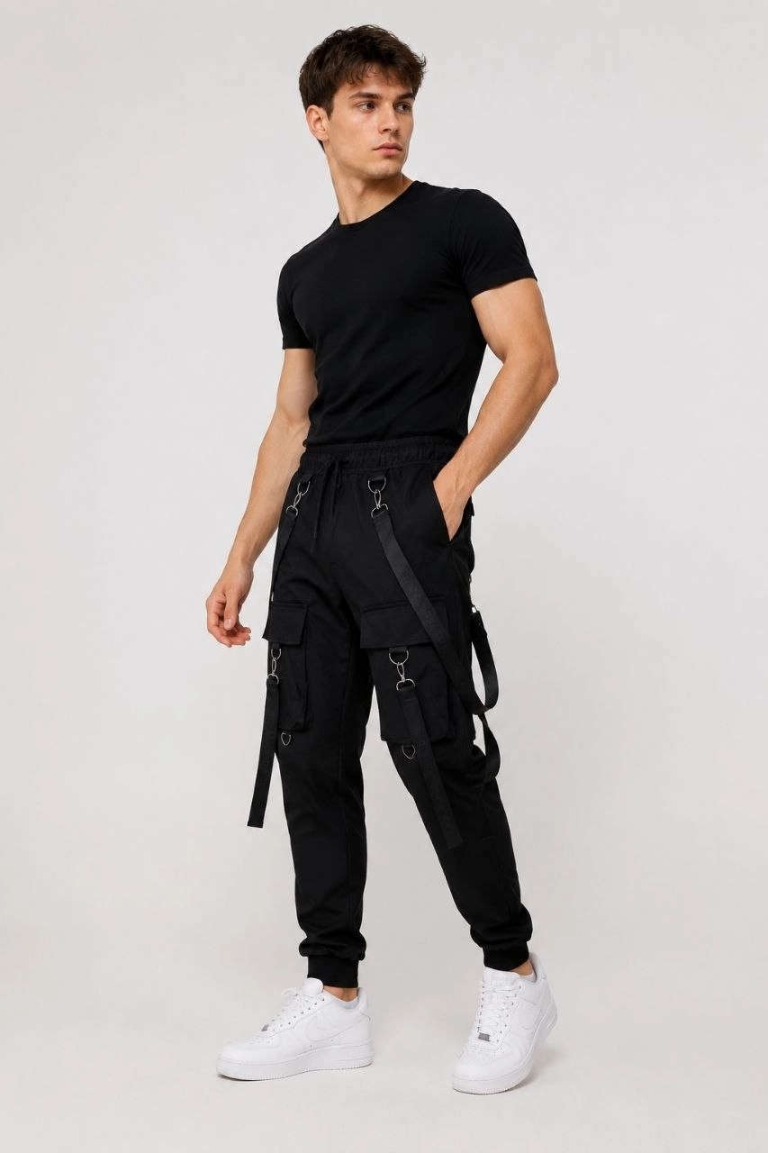 Marsilyan Erkek Techwear Şerit Aksesuarlı Ön Kapak Cep Detaylı Jogger Eşofman Altı - Siyah