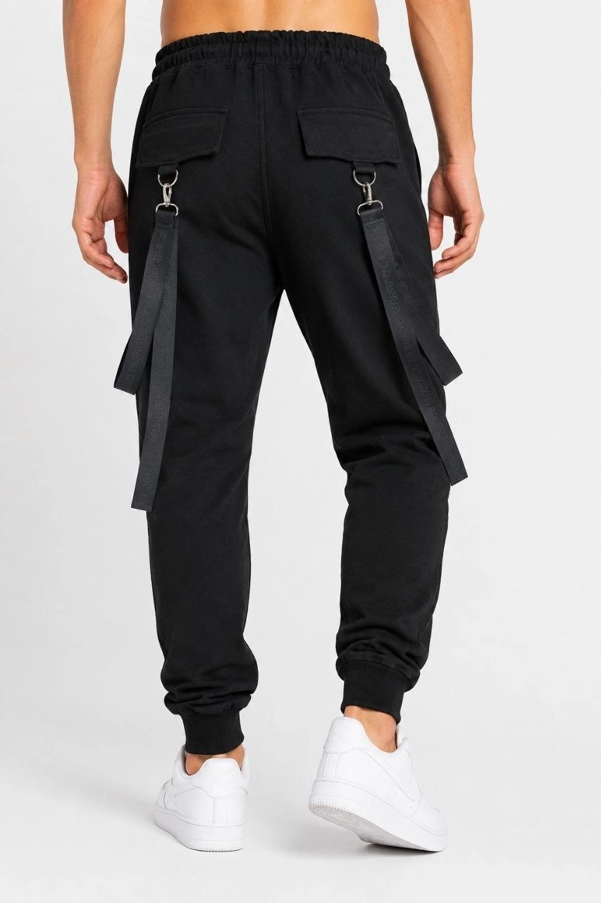 Marsilyan Erkek Techwear Şerit Aksesuarlı Ön Kapak Cep Detaylı Jogger Eşofman Altı - Siyah görsel 3