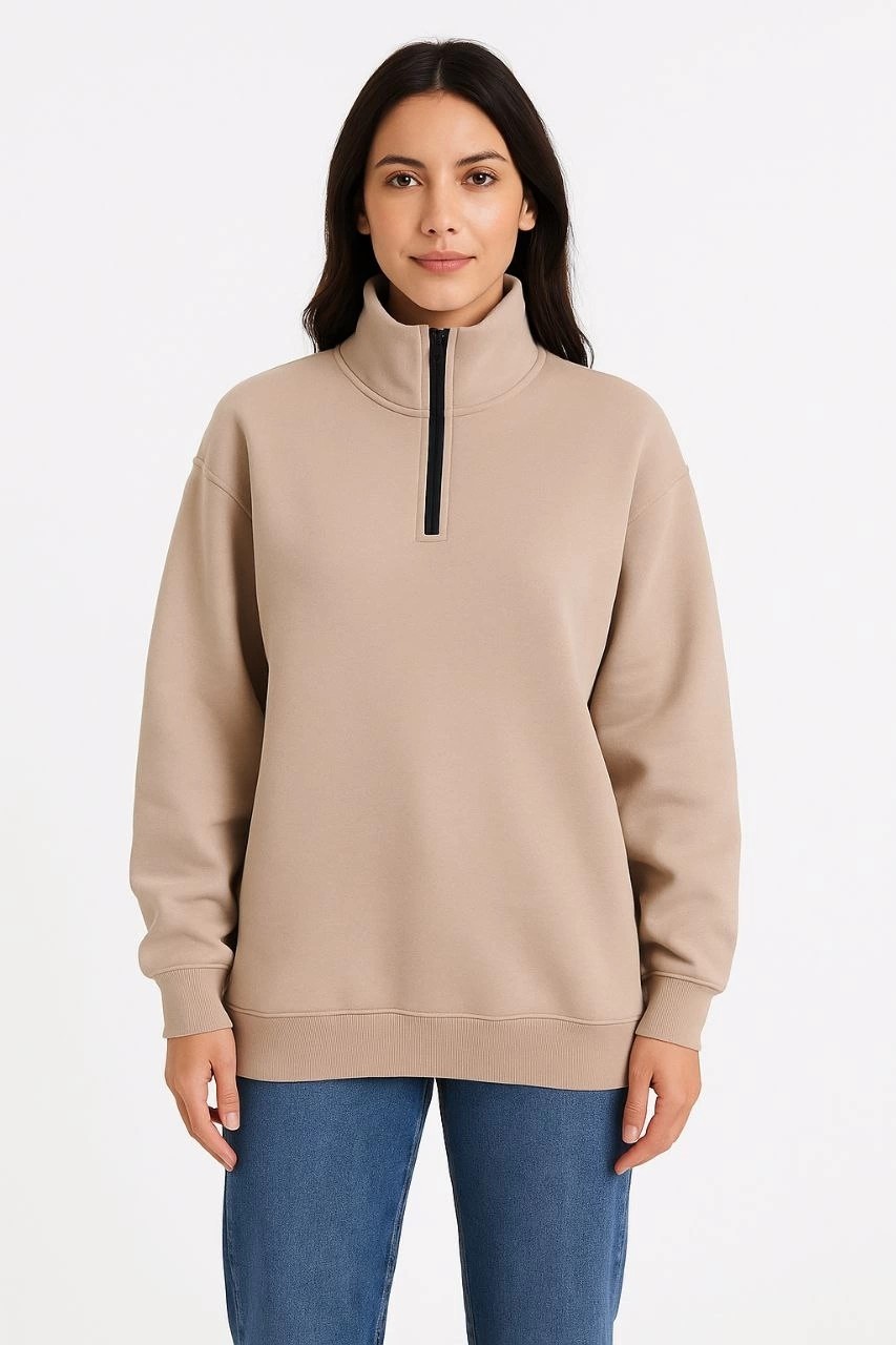 Marsilyan Kadın 3 Iplik Dık Yaka Yarım Fermuarlı Sweatshirt - Bej görsel 3
