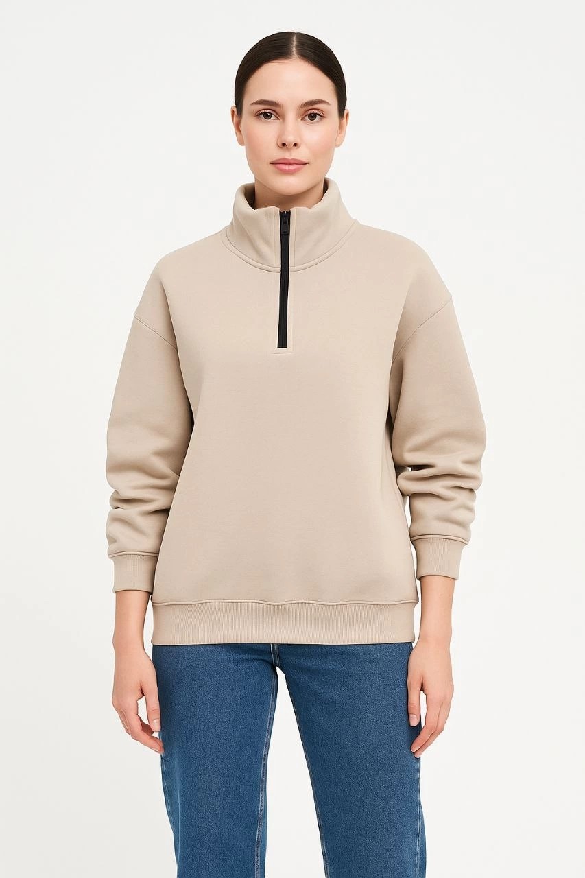 Marsilyan Kadın 3 Iplik Dık Yaka Yarım Fermuarlı Sweatshirt - Bej görsel 4