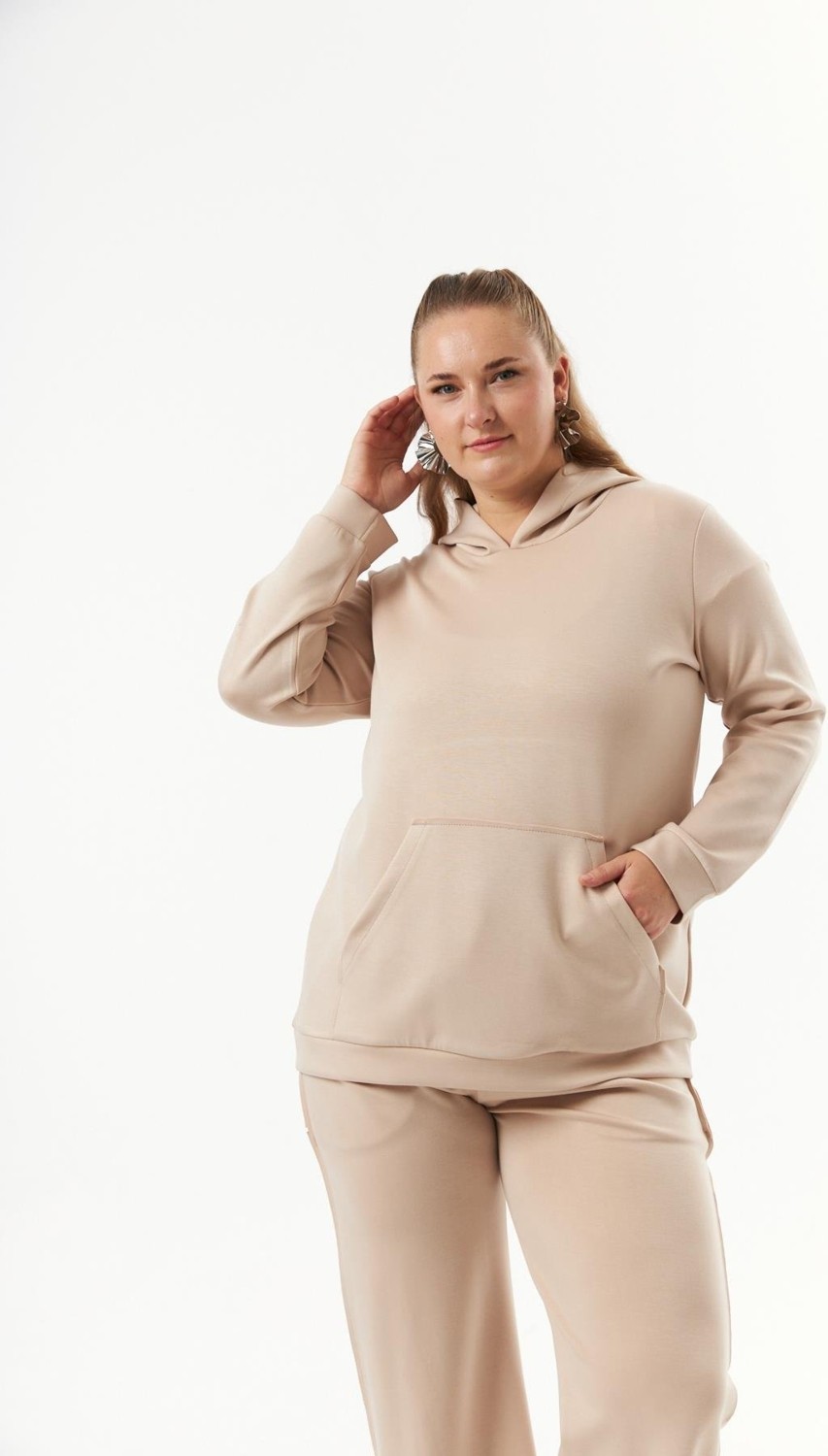 Rmg Büyük Beden Kanguru Cepli Modal Sweatshirt Vizon