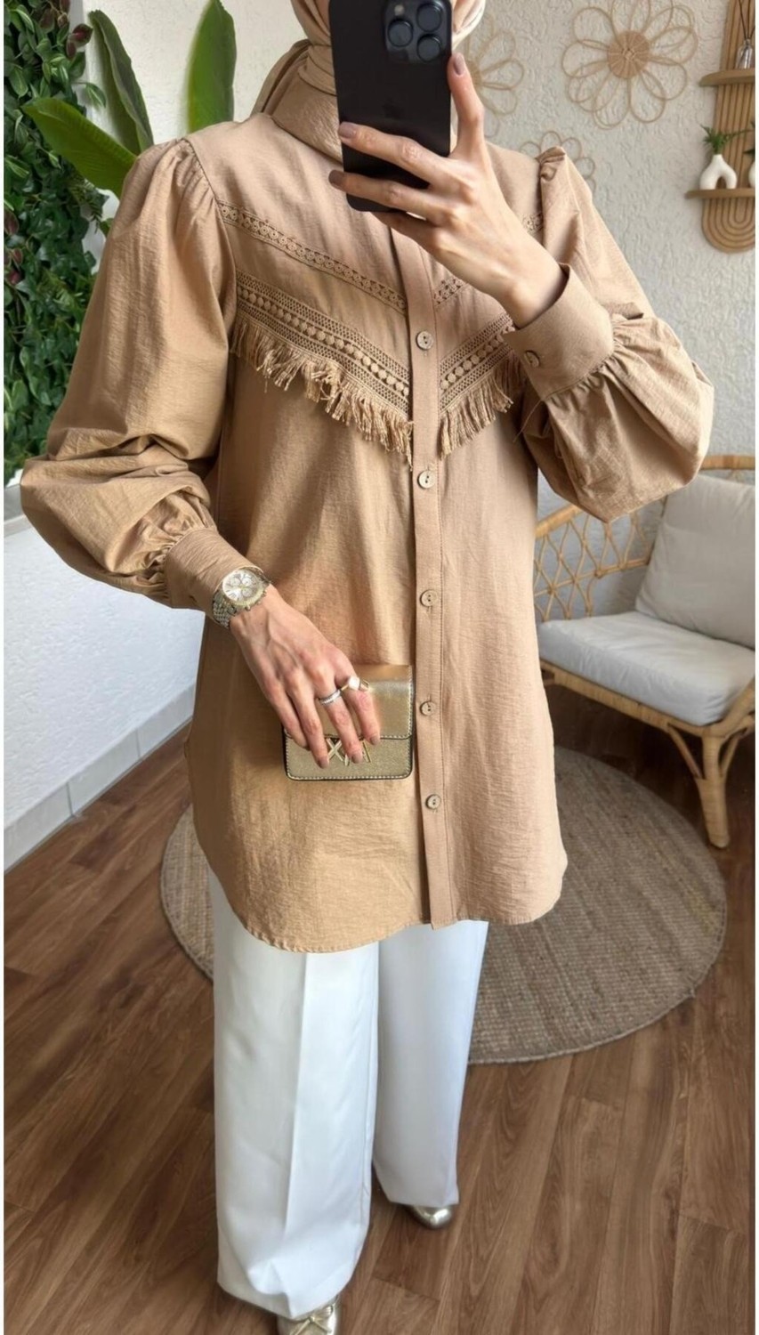 Miraydin Butik Kadın Balon Kol Dantel Detaylı Gömlek Tesettür - Camel görsel 4