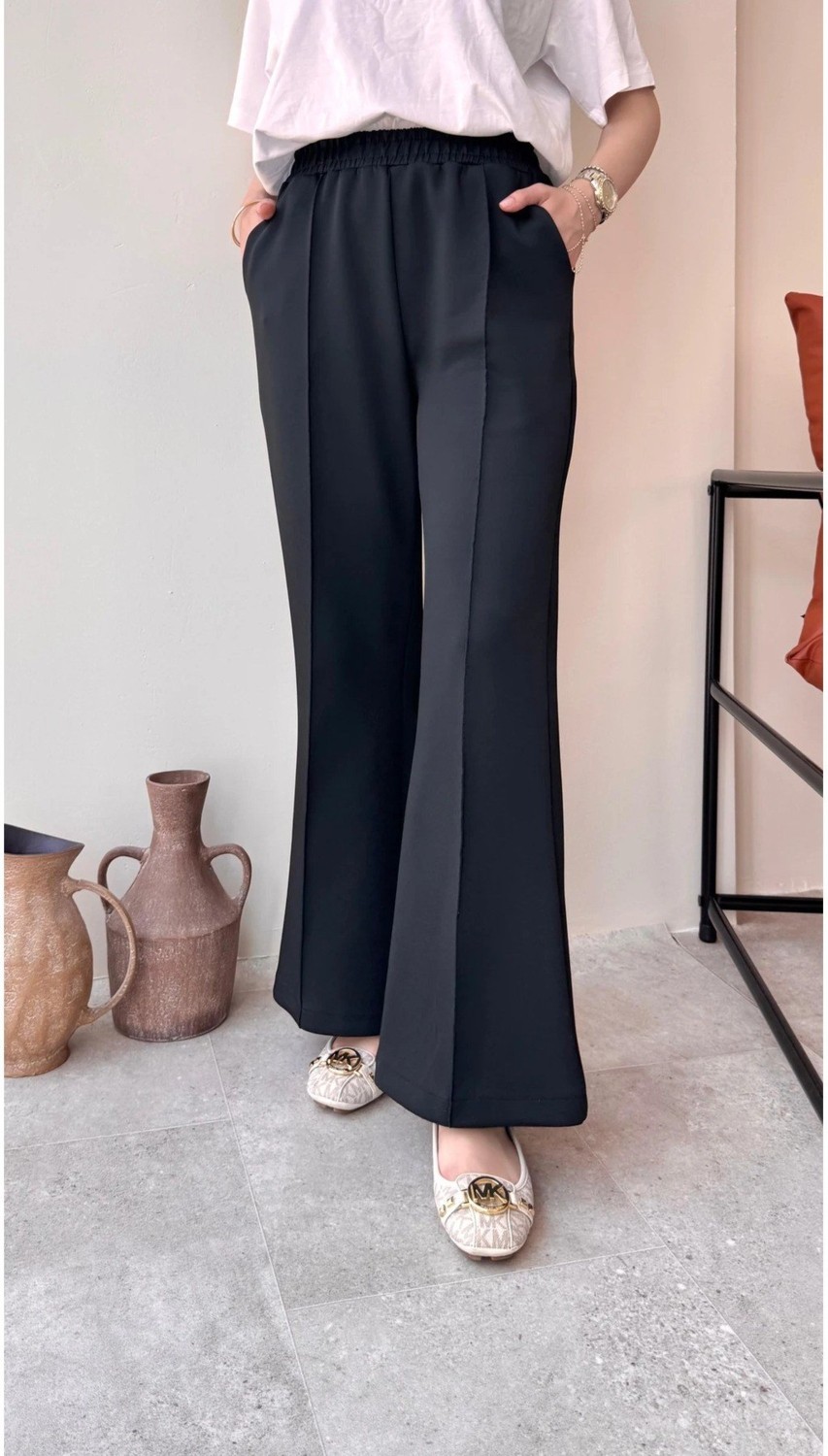 Miraydin Butik Kadın Bol Paça Çımalı Scuba Pantolon M7071 - Siyah