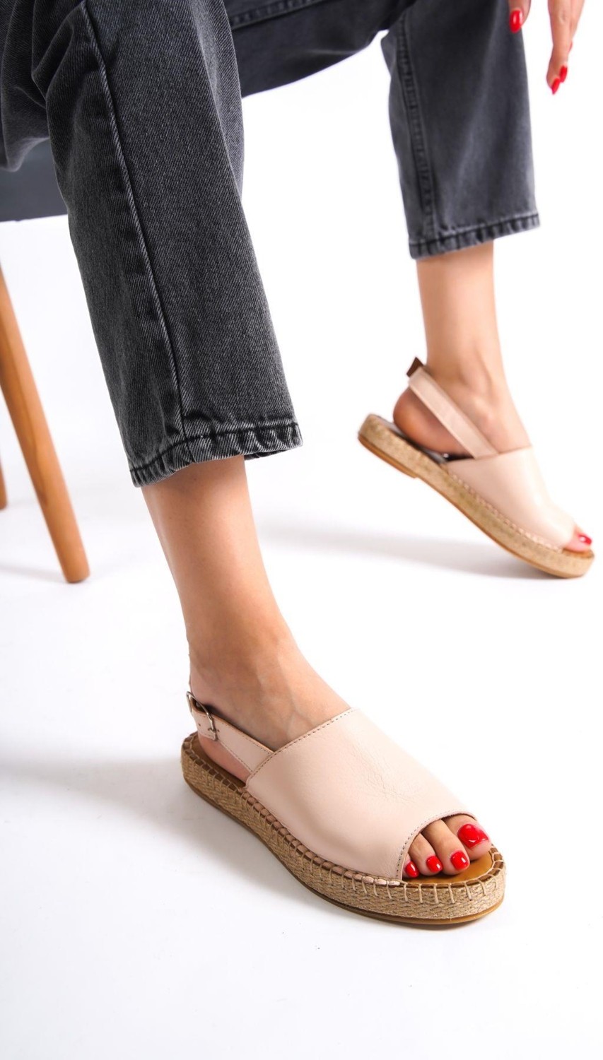 Mubiano Hakiki Deri 601-PD Pudra Kadın Espadril Sandalet & Terlik