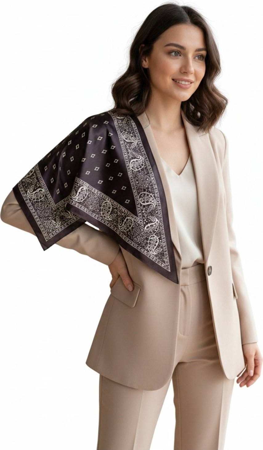 Tarzını Seç Saray Motif Desenli Kahverengi Üçgen Fular Bandana Estacraft - 100X45 cm