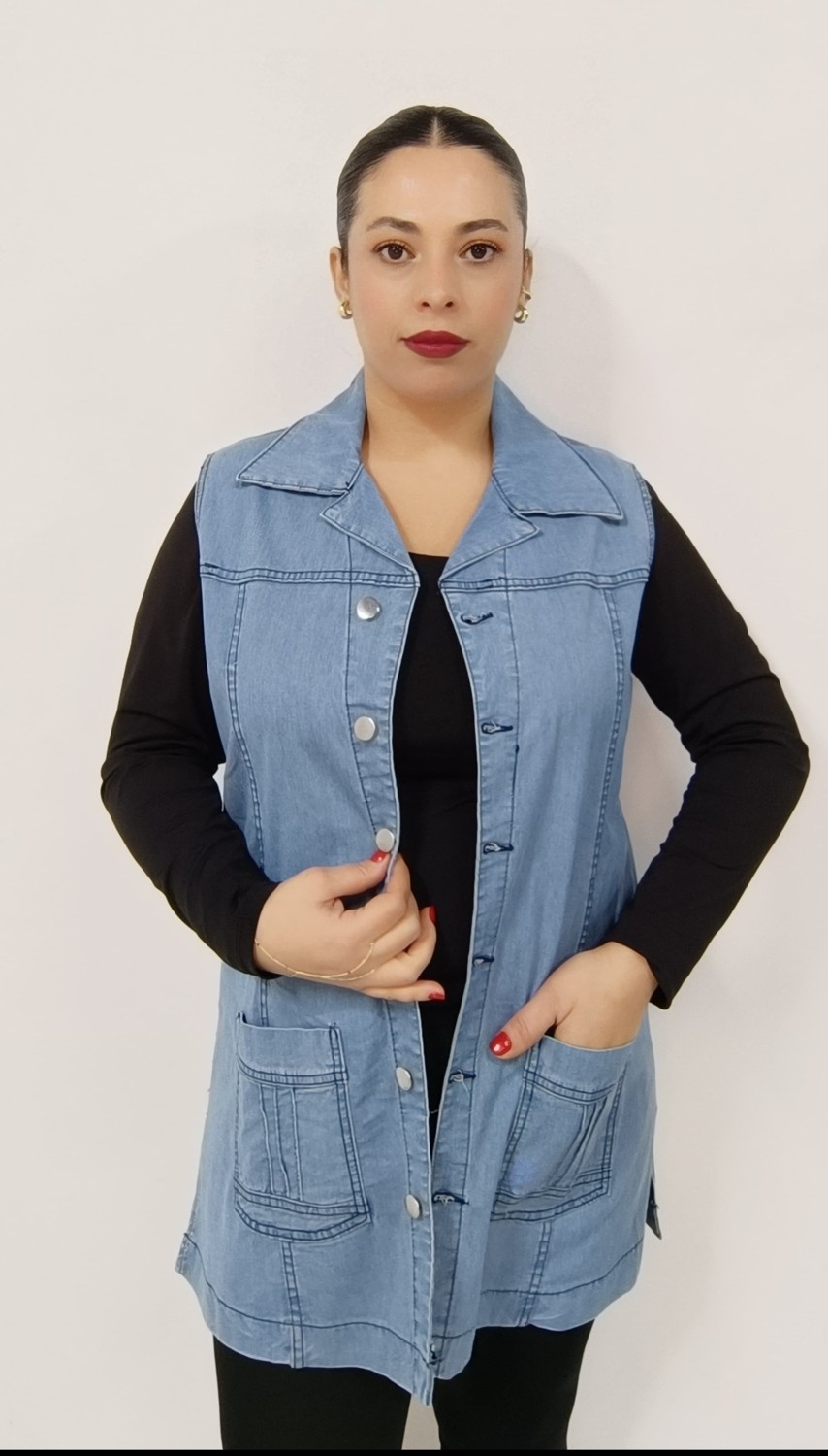 Akşen Giyim Büyük Beden Likralı %100 Pamuk Iki Cepli Metal Düğmeli 75 cm Boyda Denim Jean Yelek