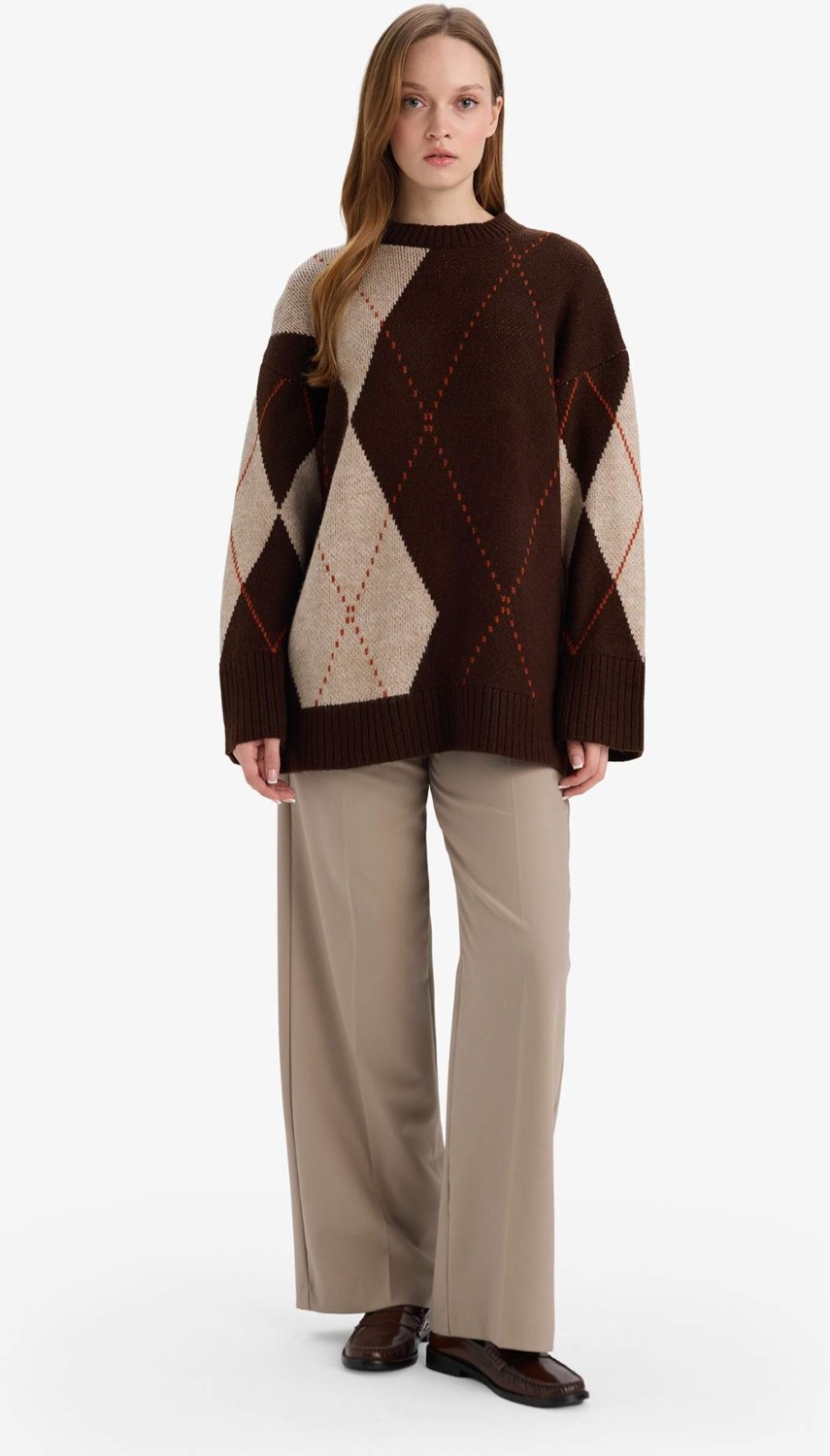 DeFacto Regular Fit Bisiklet Yaka Baklava Desenli Triko Kazak Tunik G0711AX25WN görsel 2